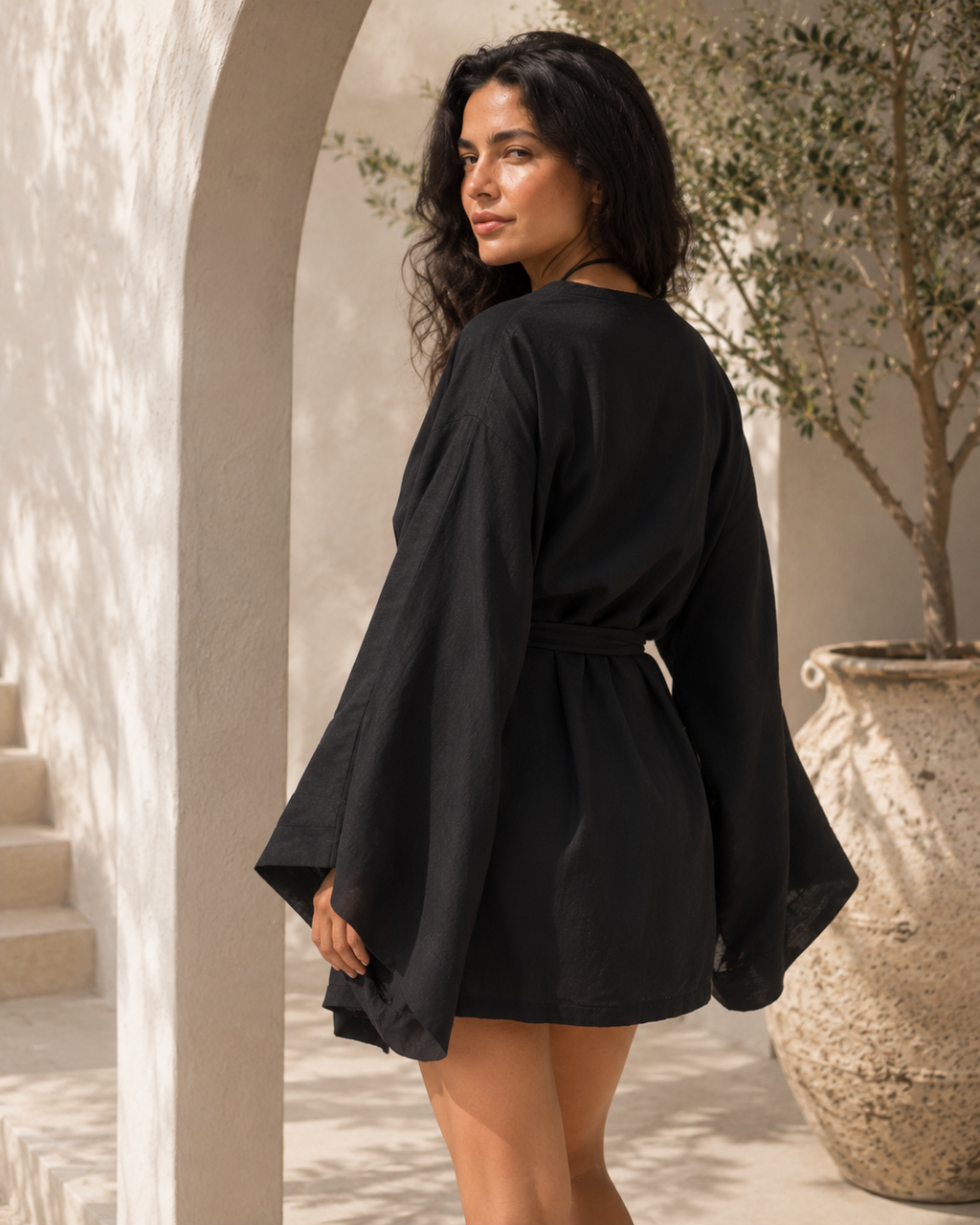 Solera Felice Black Linen Kimono