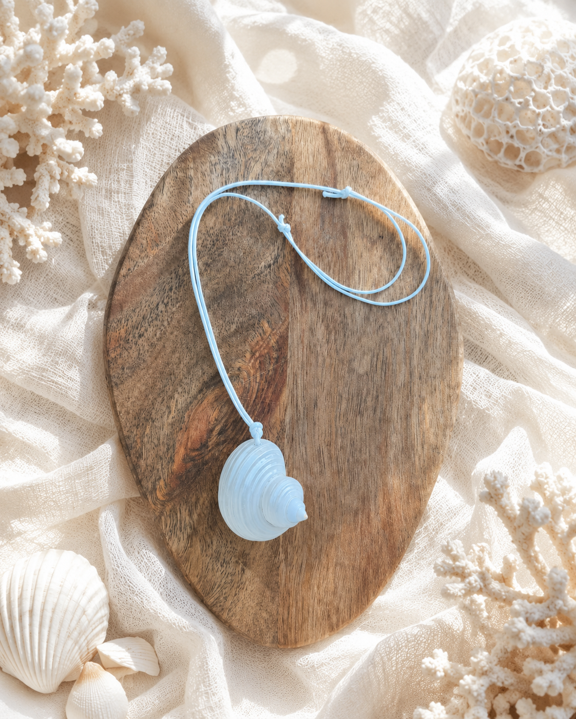 White Turbo shell necklace natural spiral shell detail