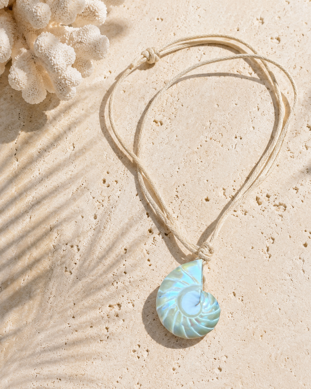 Solera Felice white nautilus shell necklace close-up