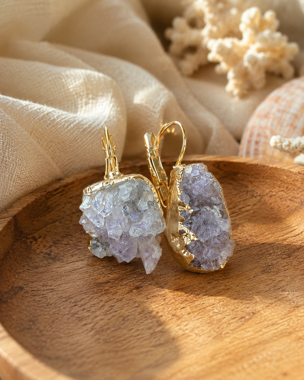 Solera Felice Amethyst Druzy Earrings close-up natural crystal accessory