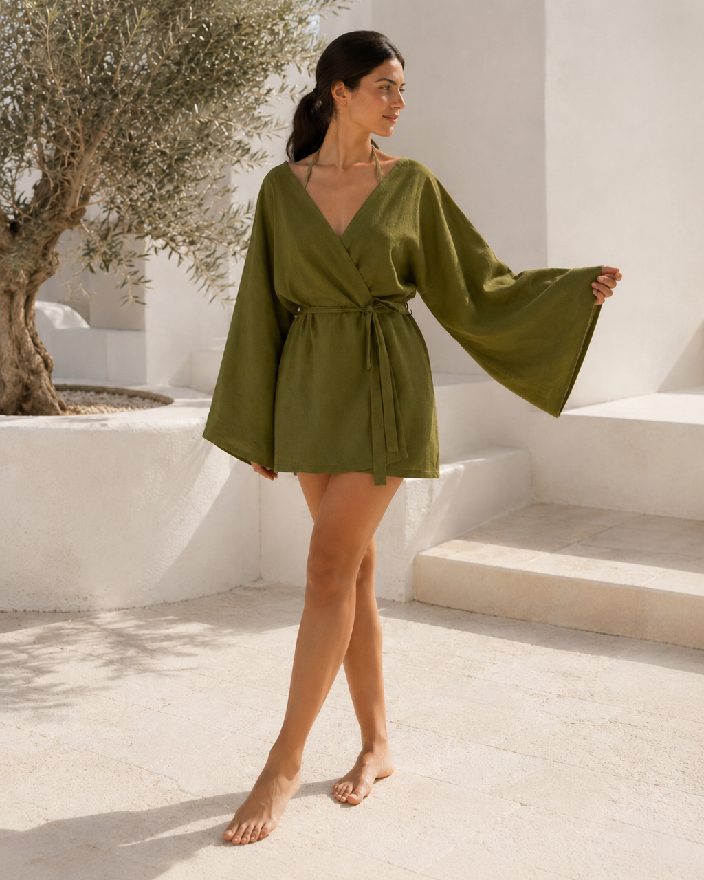 Solera Felice Haki Kısa Keten Kimono