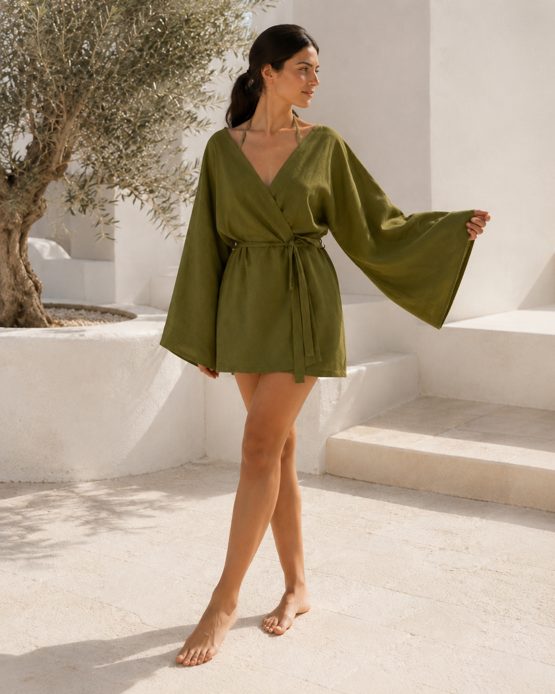 Solera Felice Haki Kısa Keten Kimono