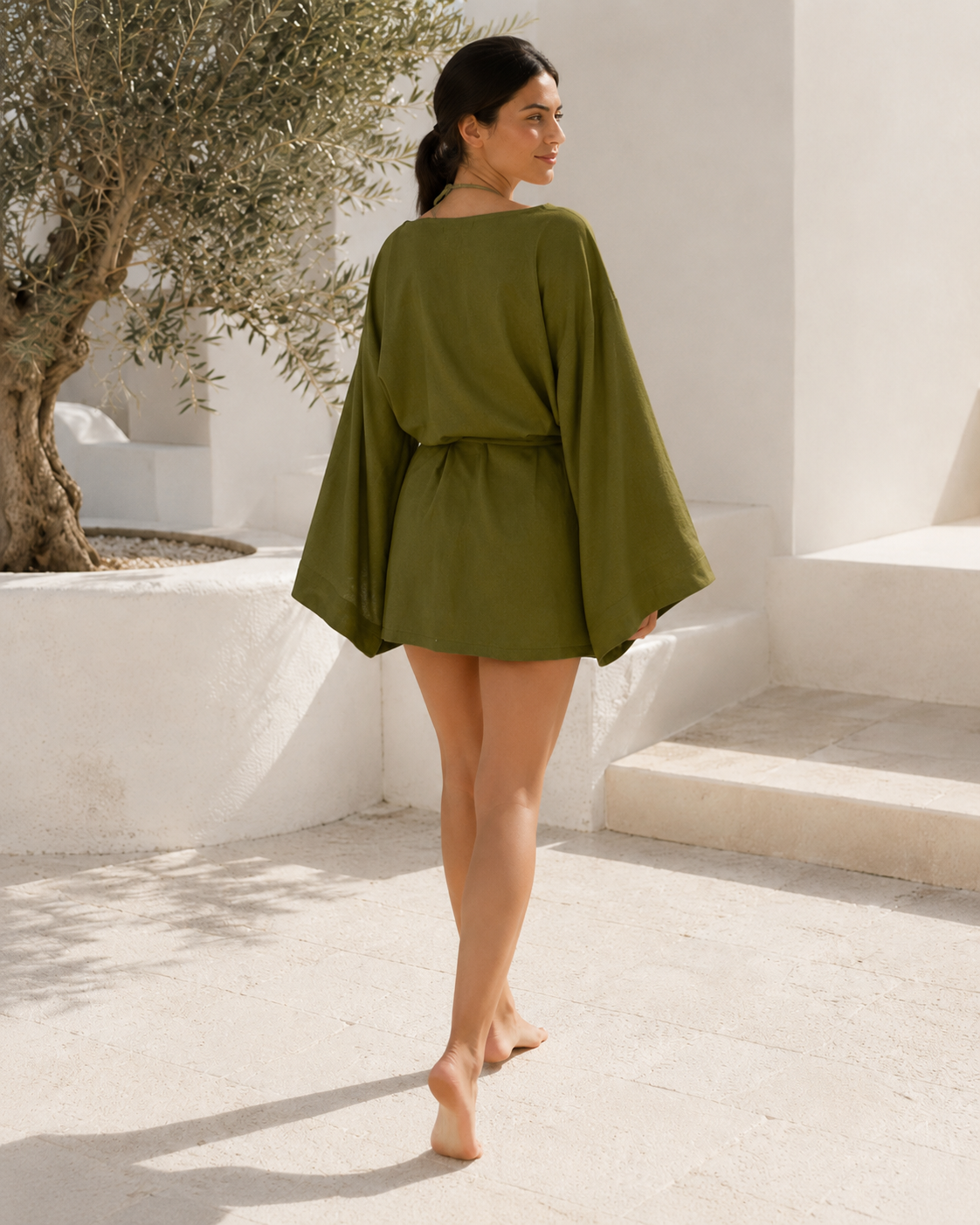 Solera Felice Haki Kısa Keten Kimono