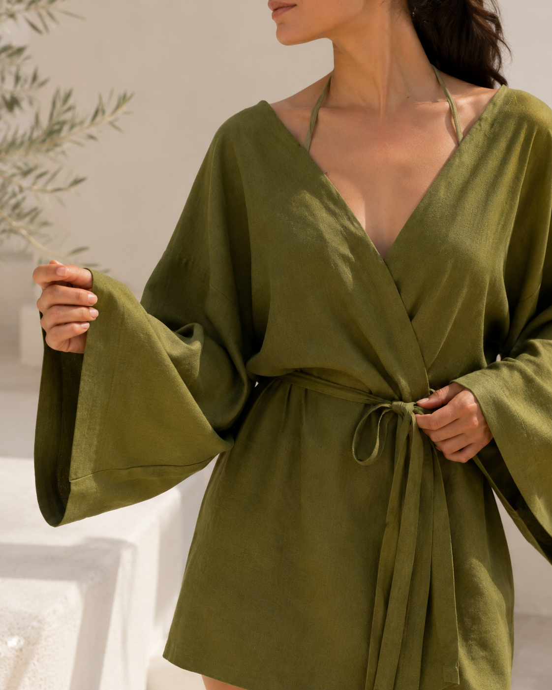 Solera Felice Haki Kısa Keten Kimono