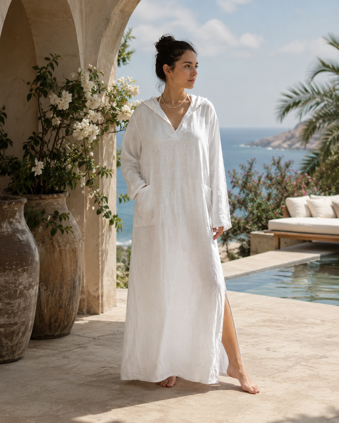 Solera Felice White Muslin Hooded Kaftan