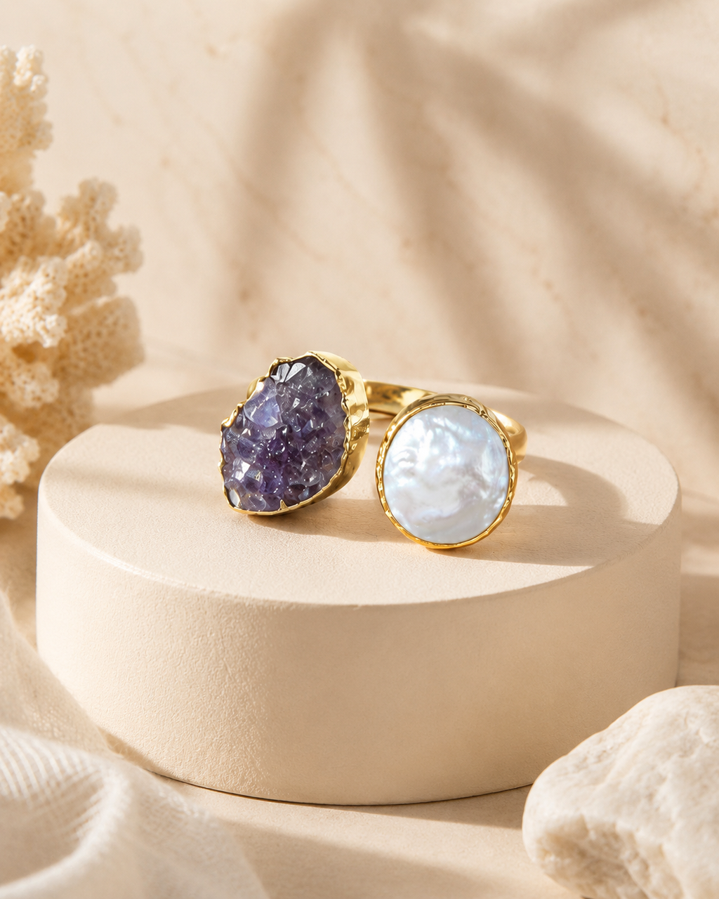 Solera Felice Amethyst Druzy & Pearl Toi et Moi Ring