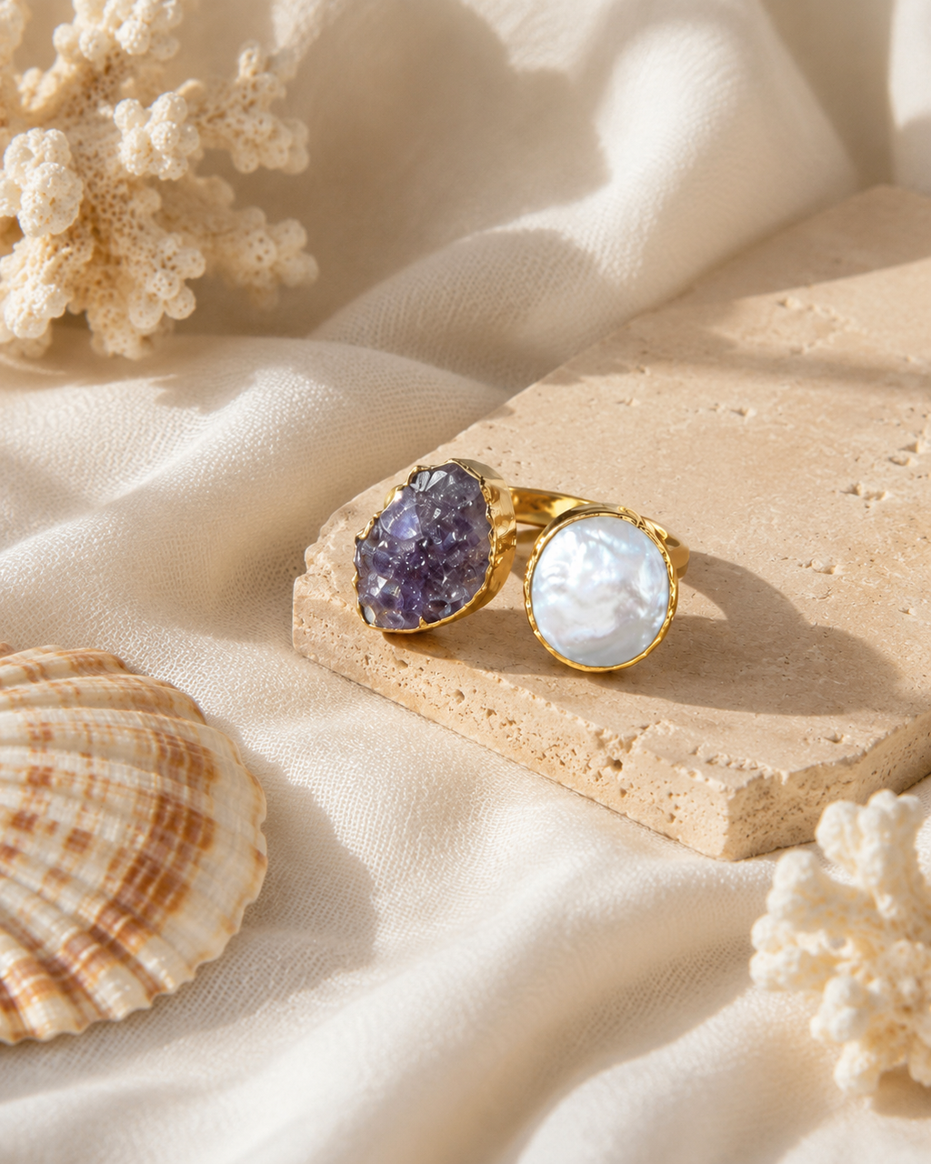 Solera Felice Amethyst Druzy & Pearl Toi et Moi Ring
