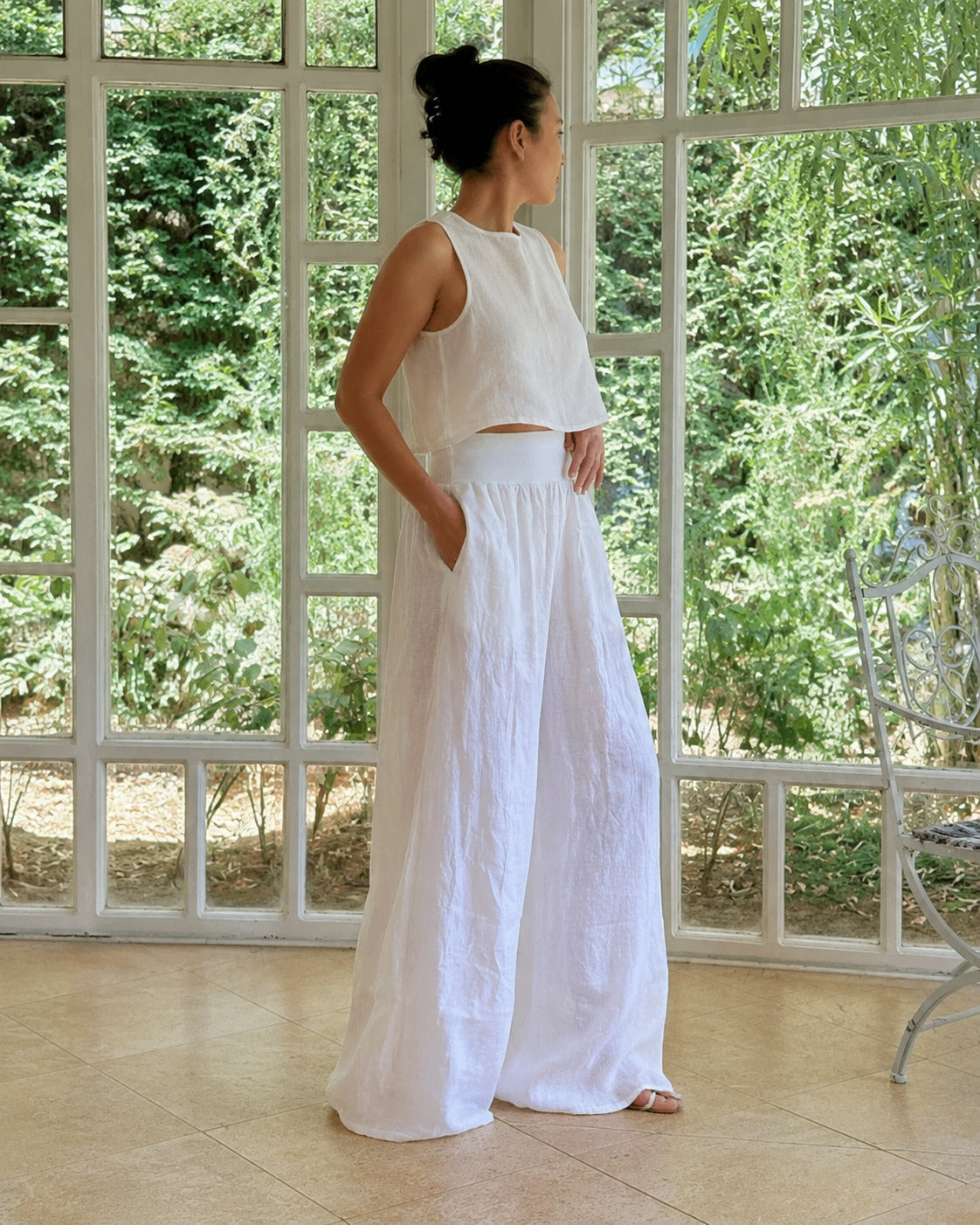 Solera Felice White Linen Wide-Leg Trousers