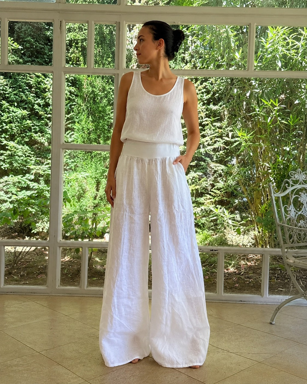 Solera Felice White Linen Wide-Leg Trousers
