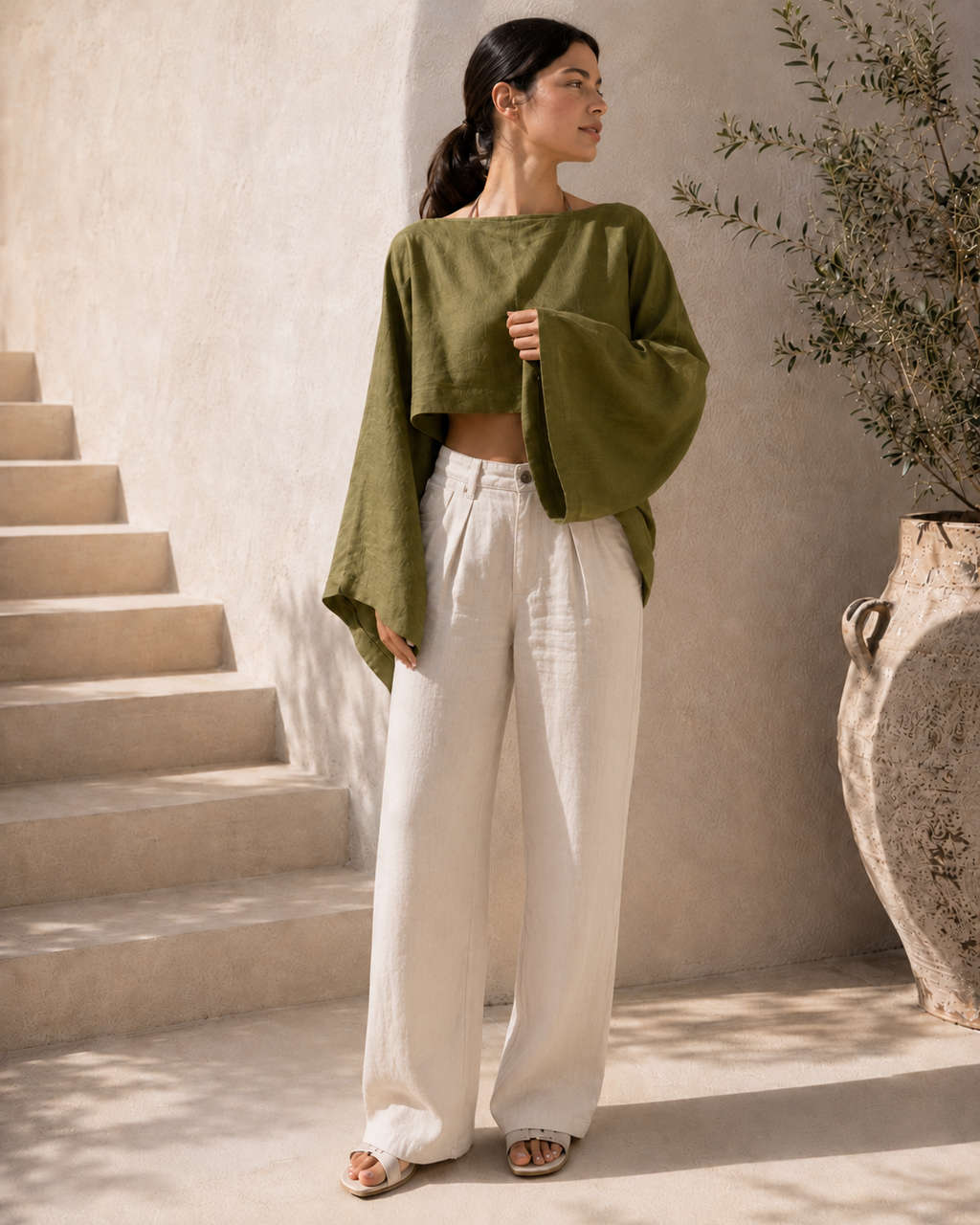 Solera Felice Olive Linen Crop Top beachwear styling