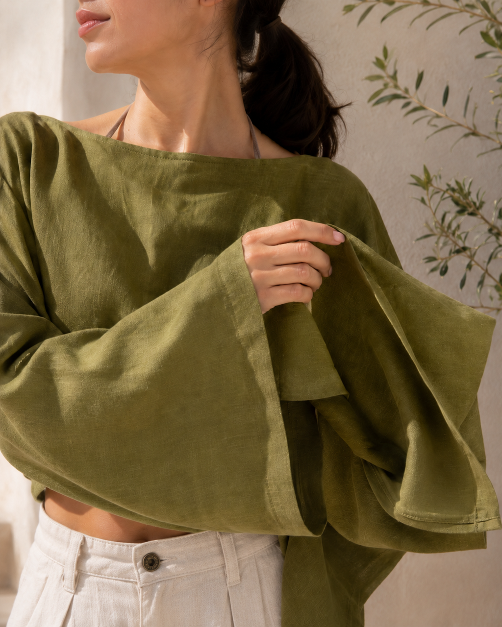 Olive Linen Bell-Sleeve Crop Top sleeve detail