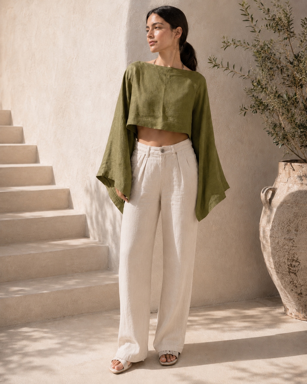Olive Linen Bell-Sleeve Crop Top back view
