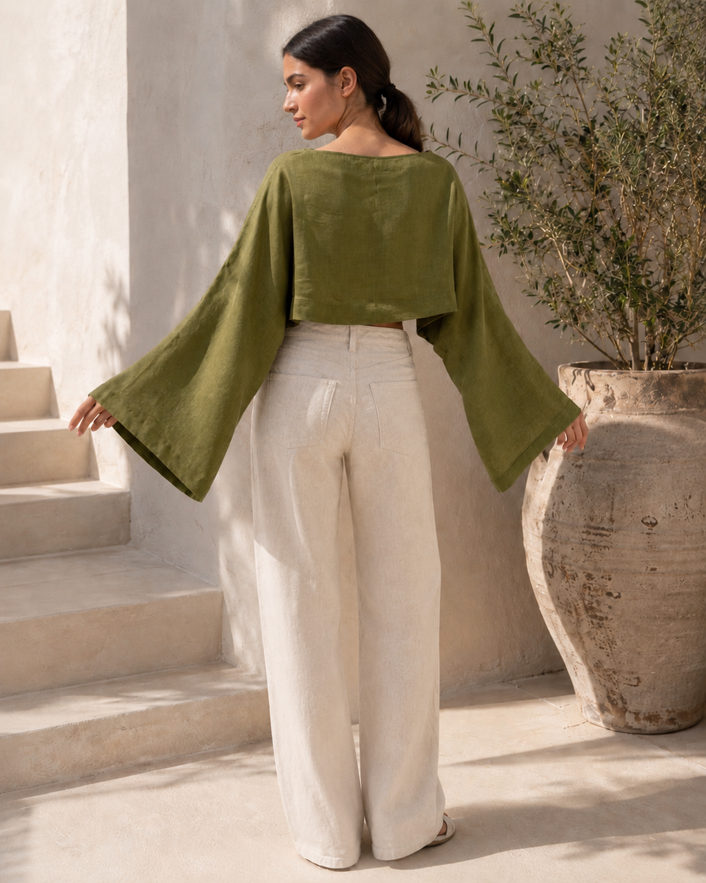 Olive Linen Bell-Sleeve Crop Top close-up look