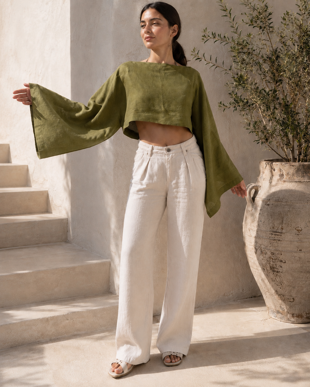 Solera Felice Olive Linen Crop Top resortwear styling